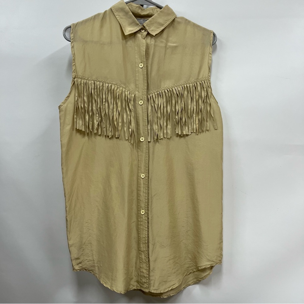 Vintage Whistles M 100% silk Beige tan Sleeveless Fringe Button-Down Shirt FLAWS